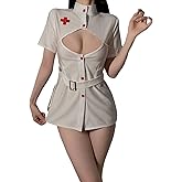 CAZEOUU Stylish Nurse Costume - Cosplay Lingerie Set with Open Front Design, w/Nurse Cap & Lace Stockings