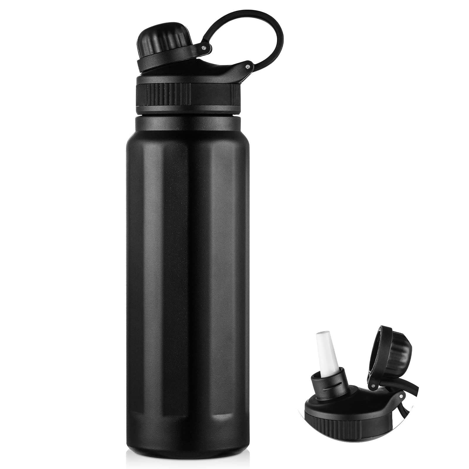 Bincoo 28oz/820ml Leakproof Free Drinking Thermal Water Bottle with Spout Lid and Straw, Stainless Steel Sports Water Bottle for Fitness, Gym and Outdoor Sports