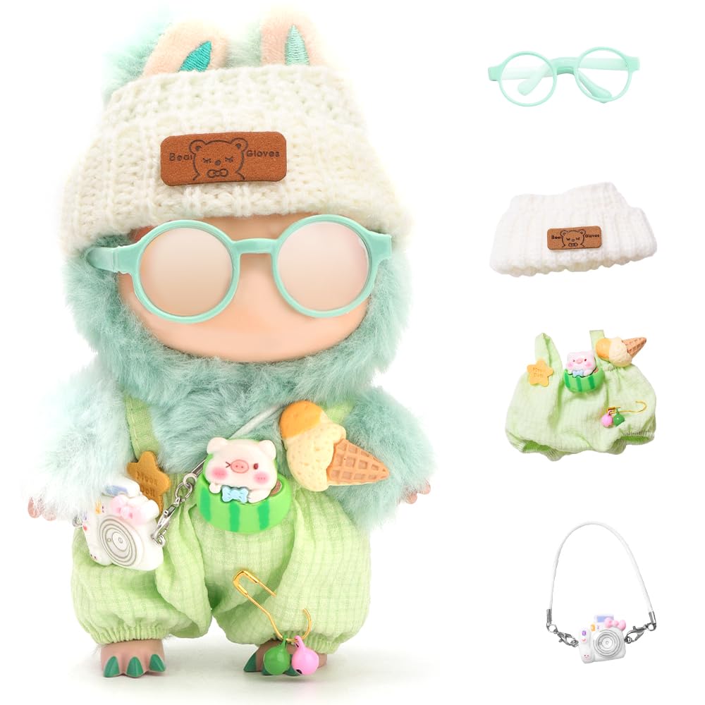 Doll Outfits for 17cm Plush Pendant Blind Box Figures,Hat and Overalls Set for Blind Box Doll,come with Glasses,Blind Box Figures Clothes Decoration Accessories (Green)