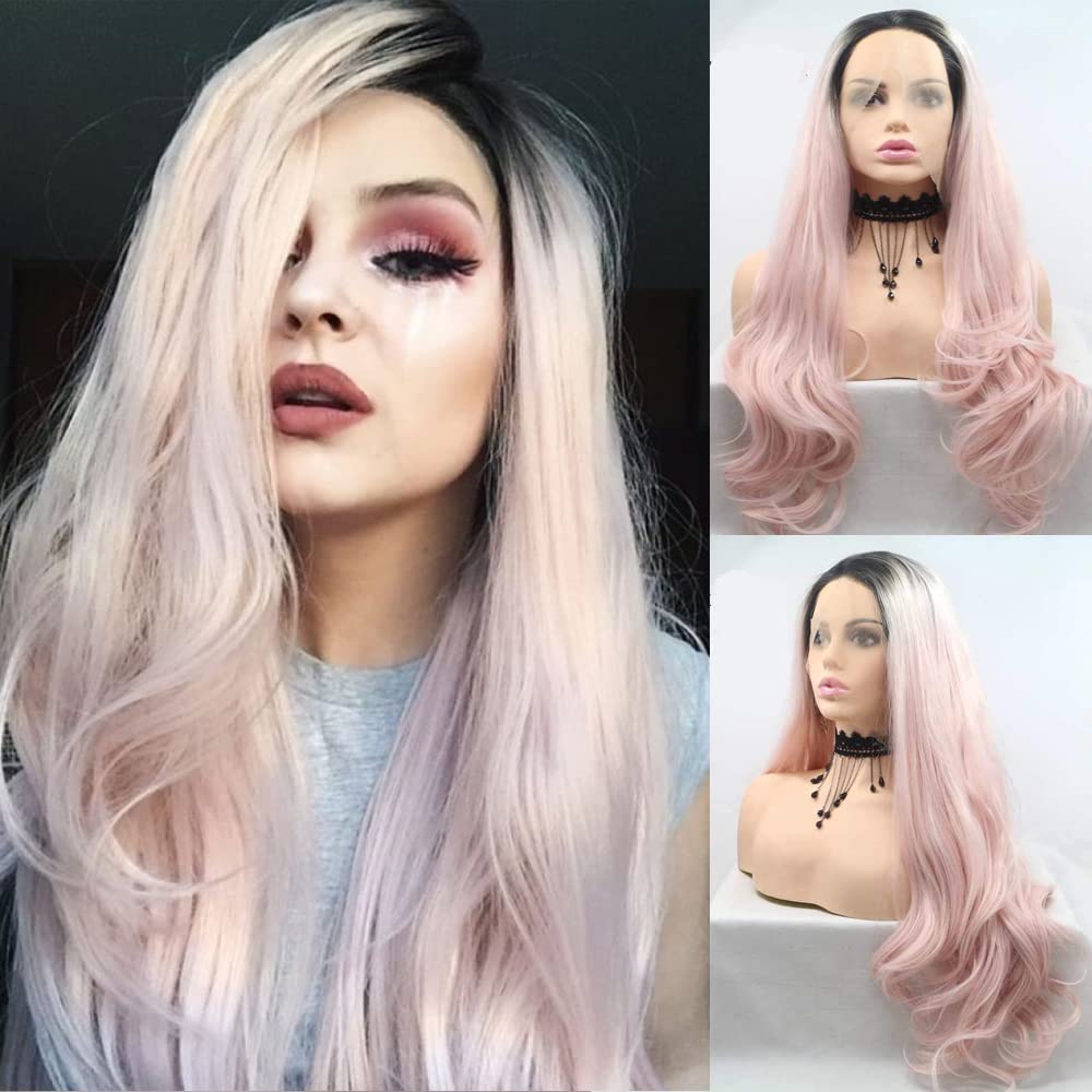 Xiweiya wig ombre light pink silky body wave lace front wig synthetic with dark roots Heat Resistant Fiber for women drag queen