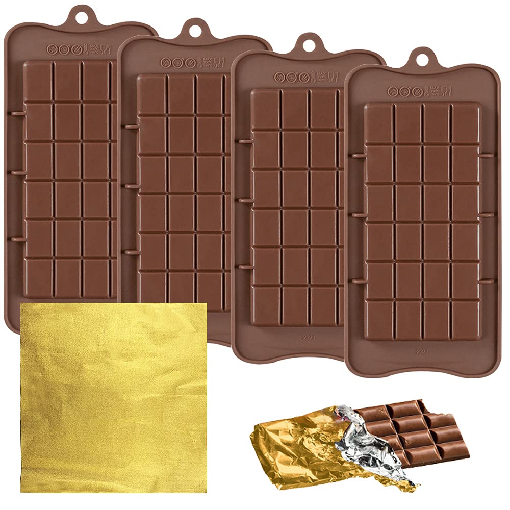 4 PCS Chocolate Moulds with 100 Gold Foil Wrappers, FineGood Non-Stick Chocolate Bar Moulds Chocolate Bar Maker Break-Apart Silicone Chocolate Moulds