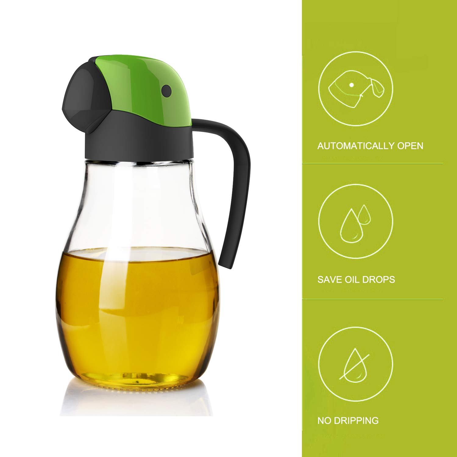 Olive oil dispenser automatic cap 20oz/600ml, glass oil bottle suitable for kitchen, no drip parrot shape design (Green-20oz)
