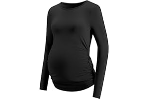 LOMON Maternity Shirts Long Sleeve Thermal Tops Side Ruched Casual Tshirt Crewneck Fleece Base Layer for Pregnant Women