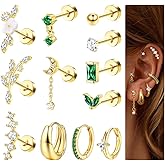 Florideco Hypoallergenic Flat Back Earrings for Women 20G Surgical Steel Flatback Stud Earrings Cartilage Earring Stacks Chunky Hoops Earring Sets for Helix Tragus Daith Conch Multiple Piercing Jewelry 12 PCS(Single)