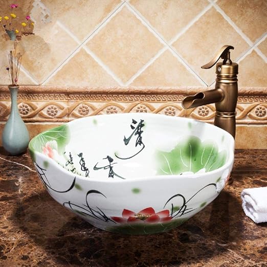 Lavabo sobre encimera de porcelana de arte azul y blanco Lavabo de baño