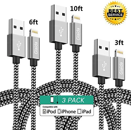 iPhone charger cable Glaida 3Pcs 3ft 6ft 10ft Extra Long Nylon Braided Lightning Cable USB Charging Cord Charger for iPhone X/8/8 Plus/7 Plus/7/6s Plus/6s/6 Plus/6/5s,iPad More iOS Devices(Black+Gray)