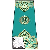 Colorful Star Yoga Towel with Corner Pockets, Non Slip Grip Dots Absorbent Hot Yoga Mat Towels, Yoga Blankets with Travel Bag, Mat Cover for Workout, Gym, Fitness - 70"x26", Turquoise Gold Mandala