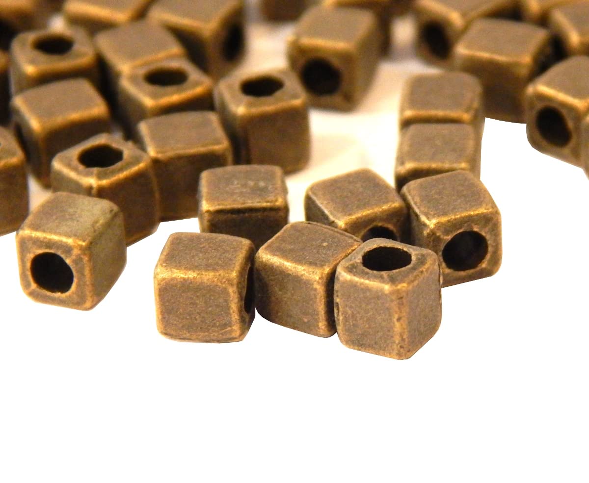 Bronze Spacer Beads, Intermediate Parts, Brass Metal Beads, 4 mm Cube, Hole 2 mm for Leather Band, Cord, Jewellery Beads, Metal Beads, Pack of