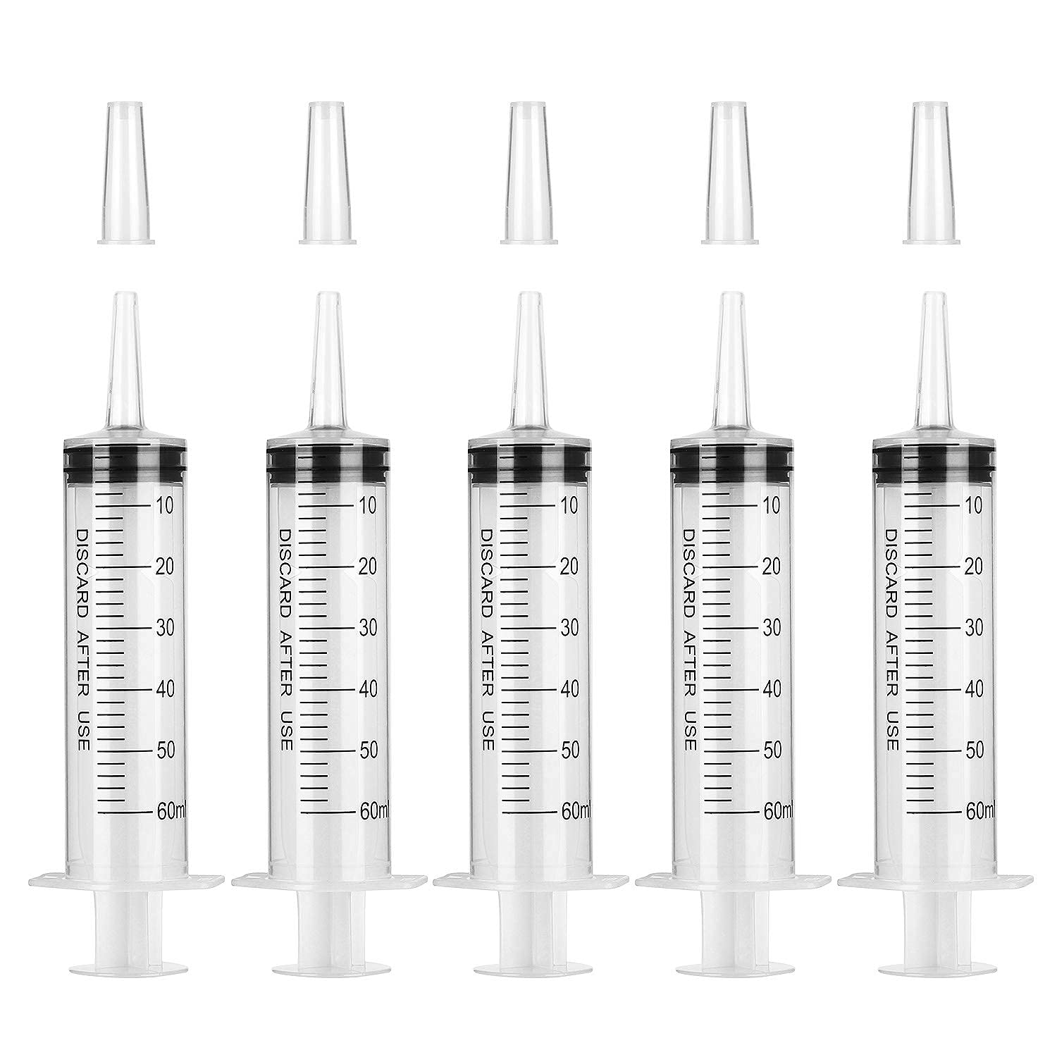Hyber&Cara Syringes 60ml (50ml), 5 Pcs Plastic Syringe with Catheter Tip for Scientific Labs, Liquid Measuring & Dispensing, Animal Feeding, Plant Watering
