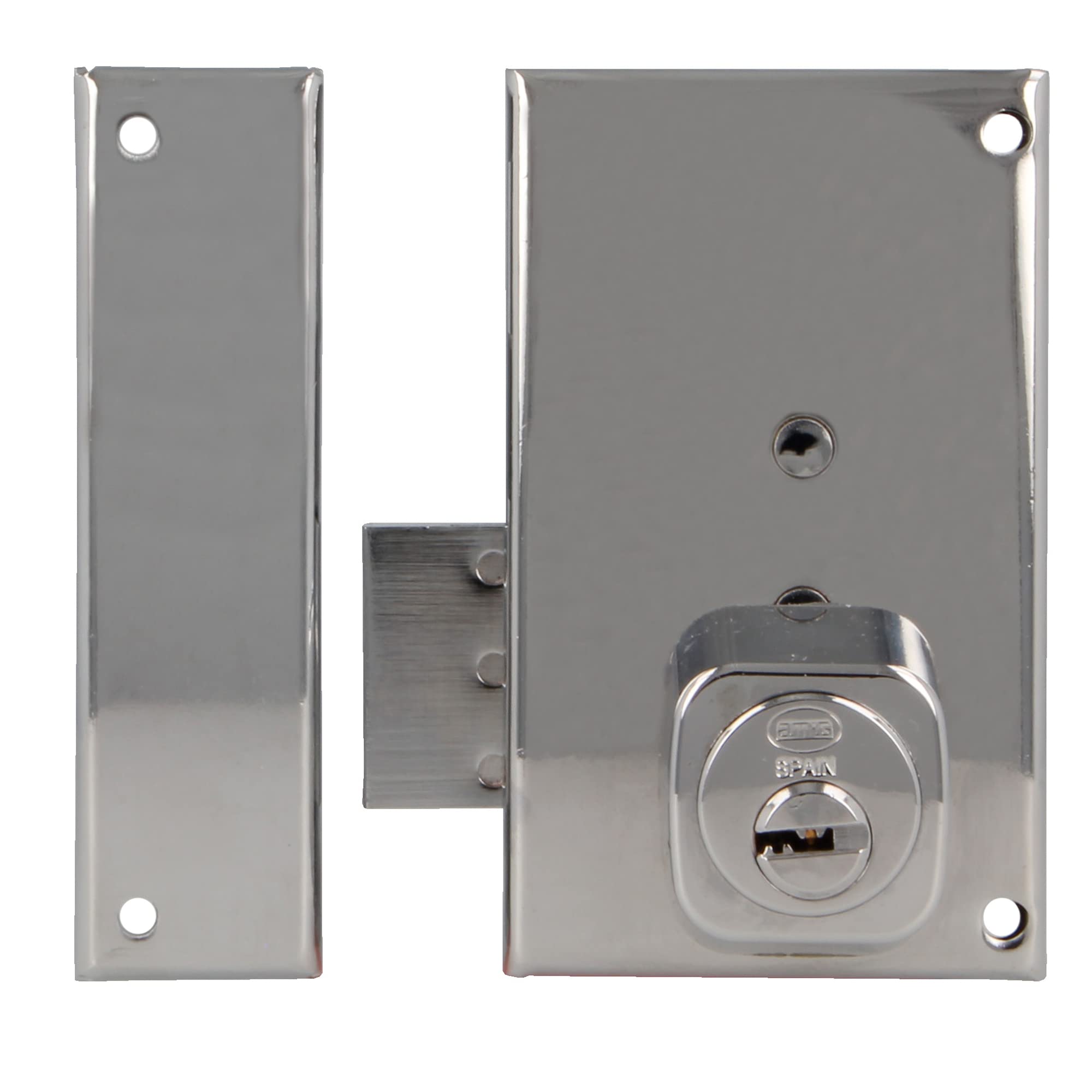 Amig - Left Overlap Lock with Lock Lever and Tab for Wooden Doors Mod. 75P | 67 x 112 mm | Round Security Cylinder | Silver Steel