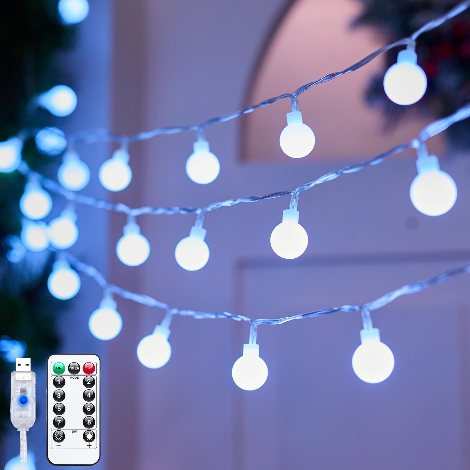 Photo 1 of Minetom USB String Lights Indoor Bedroom, 2 Pack Totally 46FT 100 LED Globe Lights with Remote Plug-in, Xmas Twinkle Lights for Wedding Wall Classroom Dorm Canopy Ceiling Room Decor, Pure White