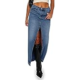 Fisoew Women's Long Denim Maxi Skirts High Waisted Frayed Hem Western Split Jean Skirt Streetwear