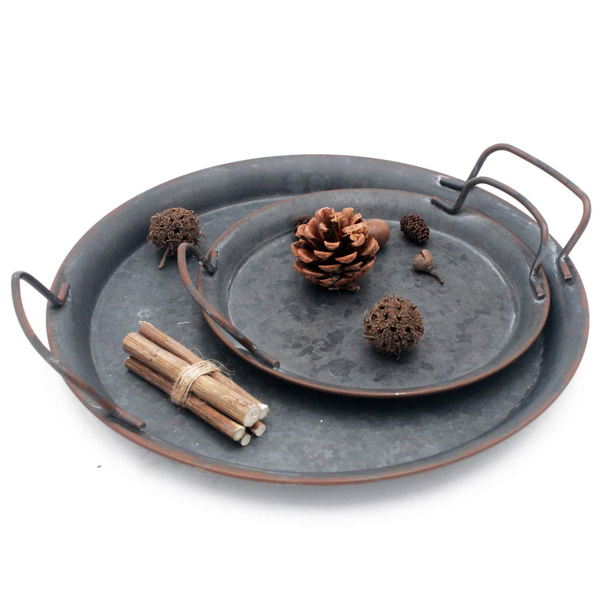 Funly mee (Set of 2) Industrial Style Metal Iron Tray, Diameter：20cm and 30cm, Galvanized Round Serving Tray with Handles