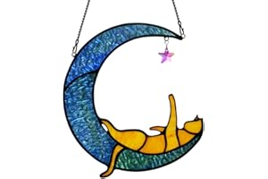 BOXCASA Handcrafted Orange Cat Moon Stained Glass for Cat Lovers,Crystal Prism Suncatchers for Windows Hanging, Mother's Day for Women, Wife, Mom
