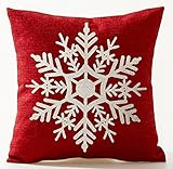 Winter Greetings Beige Ivory Shadow Beautiful Snowflake In Red Merry Christmas Gifts Cotton Linen Throw Pillow Case Cushion Cover Home Office Living Room Sofa Car Decorative Square 18 X 18 Inches