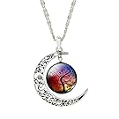 Women Colorful Art Tree Picture Round Glass Time Gemstone Half Moon Chain Statement Necklace