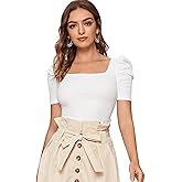 WDIRARA Women's Puff Sleeve Square Neck Short Sleeve Elegant Tee Top