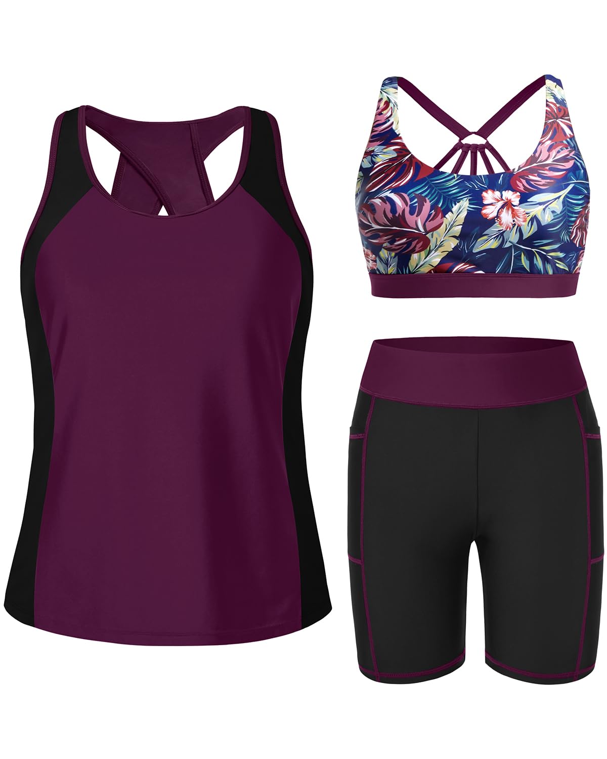 Photo 1 of Women 3 Piece Tankini Swimsuits - Athletic Bathing Suits Swim Tank Top with Boy Shorts and Bra Modest Swimwear 2025 Purple Leaves XL