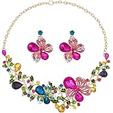 SUPERFINDINGS 2Pcs Crystal Flower Necklace Earrings Set Wedding Brides Jewelry Sets Rhinestone Bib Statement Necklace Fashion Flower Dangle Stud Earrings Prom Party Jewelry for Woman