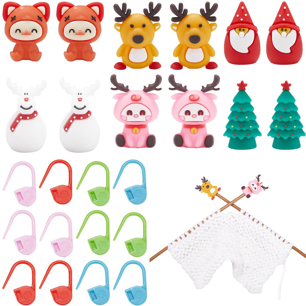 SUNNYCLUE 92PCS Knitting Needle Stopper Needles Protectors Cute Animal Snowman Santa Claus Christmas Tree Knitting Marker Pins Stitch Stoppers Bulk for Knitting Crocheting Sewing Accessories Xmas Gift