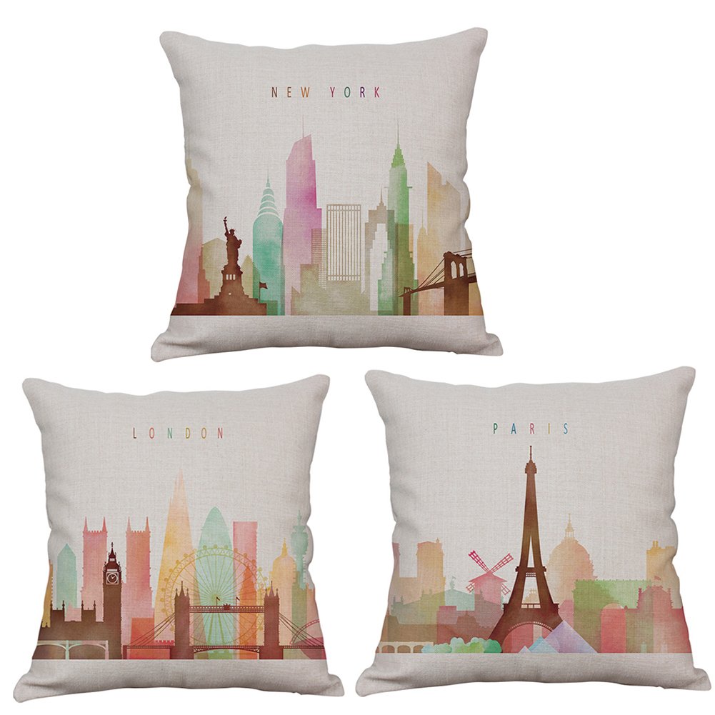 Aremazing Retro Vintage World Famous Building Throw Pillow Covers Cotton Linen Home Decor Pillowcase Cushion Cover 18 x 18 Inches Set of 3 New York, London, Paris City (Set of 3/Colorful)