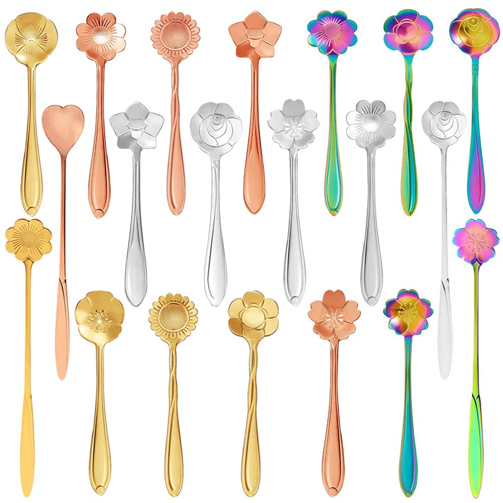 PUDSIRN 20PCS Flower Shaped Stainless Steel Tea & Coffee Spoons, Reusable Tableware Set with Multiple Shapes (4.9 & 7Inch)