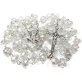 Nazareth Store White Clear Crystal Beads Rosary Prayer Beaded Necklace with Holy Soil Medal and Jesus Cross Communion Rosary