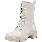 Vepose Women's Mid Calf Combat Boots Lace-up Elastic Chunky Platform Boot with Side Zipper