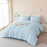 PERFEMET 5 Pieces Twin Bedding Sets Light Blue Pom Pom Comforter Set for Girls Boys Soft Fluffy Solid Boho Bed in A Bag with Comforter and Sheets(Light Blue, Twin)