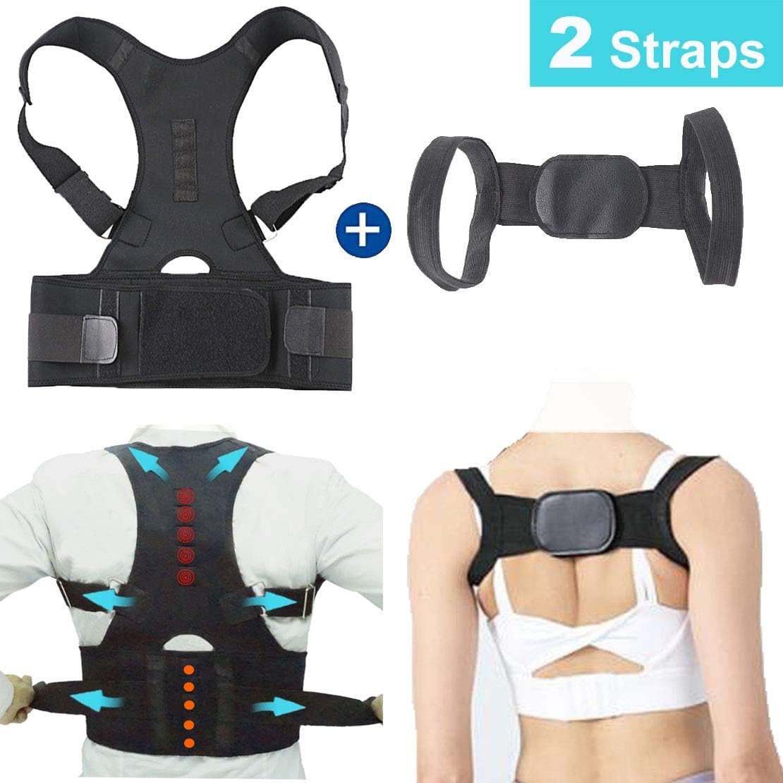 ORANDESIGNE Magnetic Back Brace Posture Corrector, Adjustable Support Brace - Improves Posture and Provides Lumbar Support Comfortable Scoliosis Back Humpback Correction Belt- 2 Straps