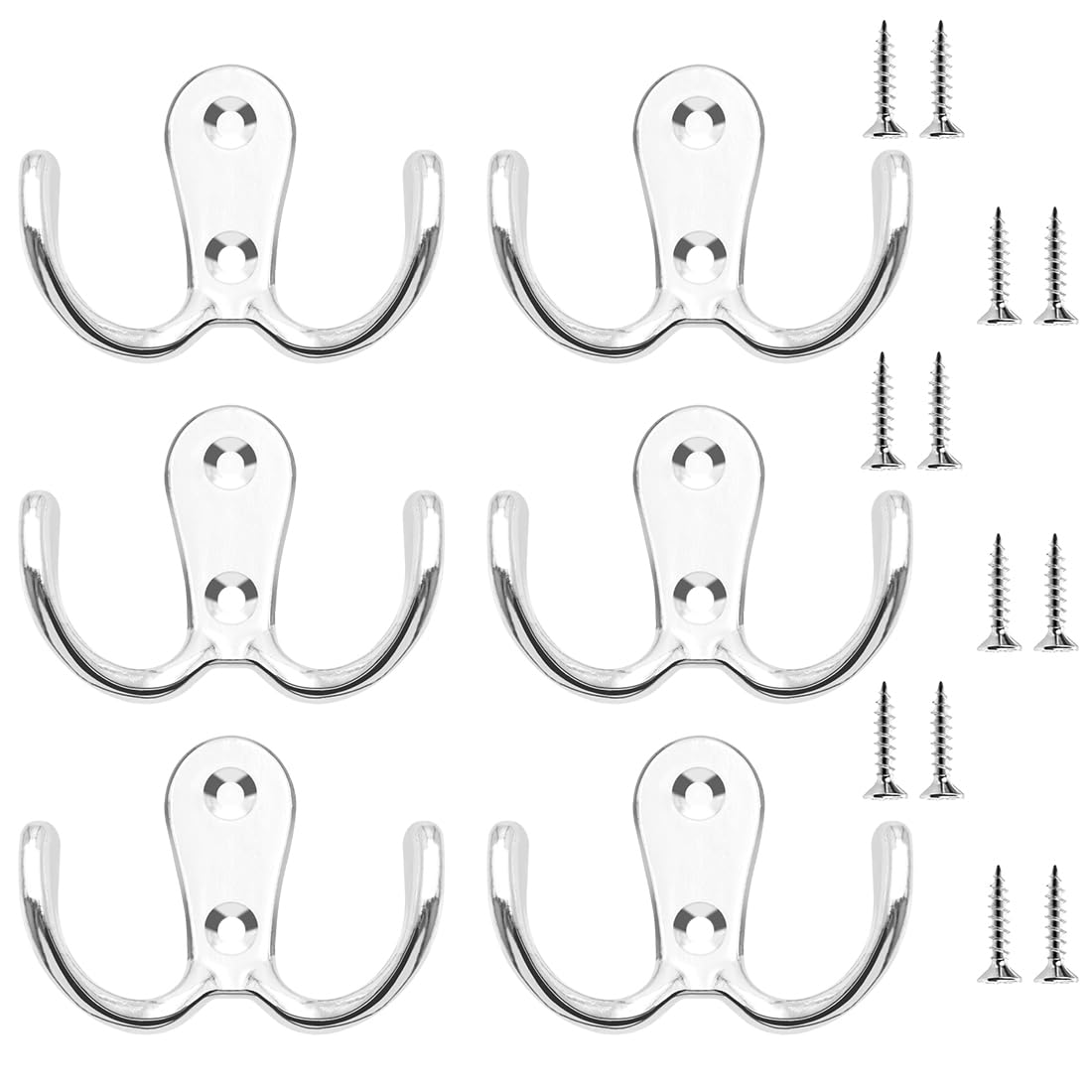 LICQIC Double Prong Robe Hooks, Dual Coat Door Hooks, Double Hook for Hanging Robe, Towel, Coat, Bag, Hat (Silver, 6 Pcs)