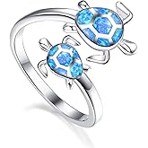 KINGWHYTE Turtle Rings, Hawaiian Sea Turtle Rings S925 Sterling Silver Blue Opal Ocean Animal Adjustable Open Rings for Women Mother Daughter