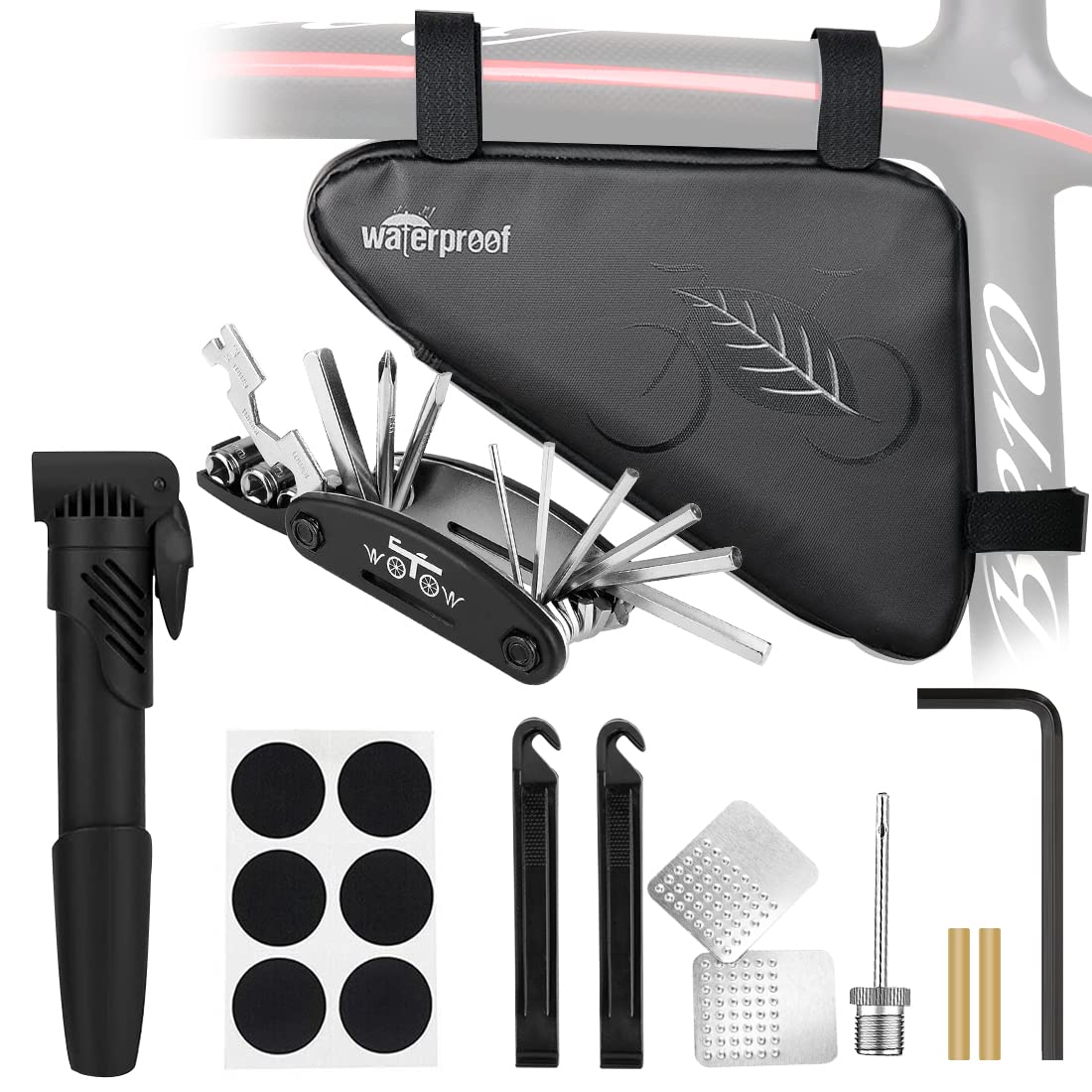 WOTOW Bike Tire Repair Tool Kit, Waterproof Frame Storage Bag &amp; Mini ...