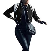 Bbkkuck Womens Bomber Varsity Jacket Casual Long Sleeve Letterman Shacket Button Down Cropped Baseball Outerwear