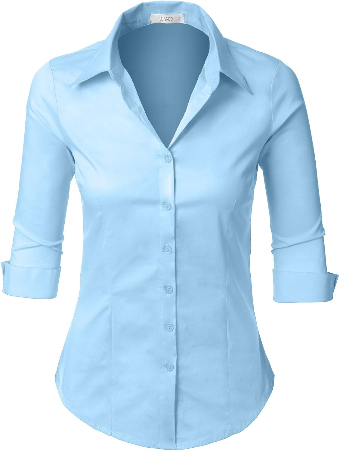 LE3NO Womens Slim-Fit 3/4 Sleeve V Neck Casual Work Shirts Top with Stretch