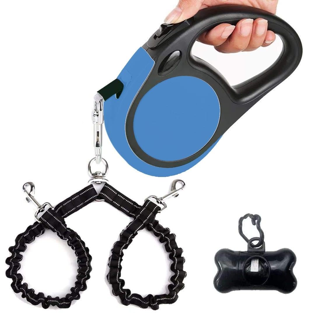 Photo 1 of Dual Retractable Dog Leash Small Breed (Up to 44 Lbs Each) - Double Headed 16 ft Extendable Pet Leash with Poop Bags, Non Slip Grip - One Button Break & Lock, 360° Tangle-Free (Blue, Medium)