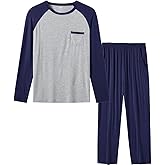 MoFiz Mens Pajama Sets Comfy Long Sleeve Sleepwear Top Solid Pyjama Pants with Pocket 2 Piece Loungewear PJs Sets for Men