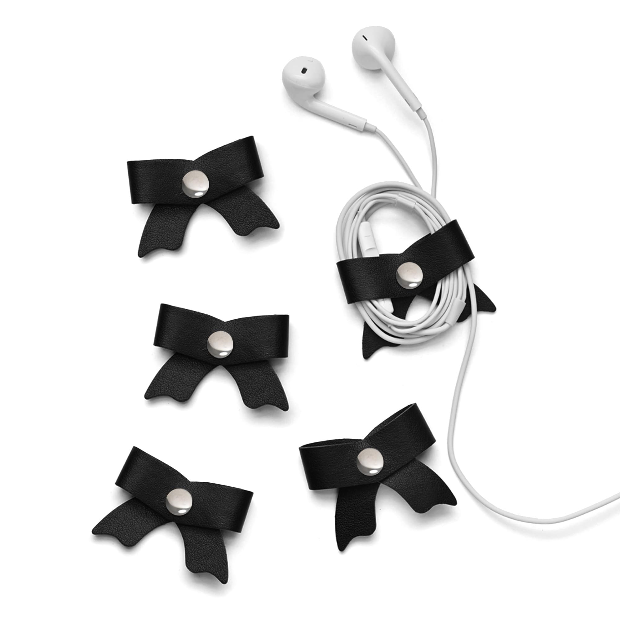 SenseAGE 5 Pack Cord Organizer, Bow Cord Keeper, Cable Organizer USB holder, Leather Cable Management, Cable Straps, Earphone winder, Straps for Electronics, Earbuds, USB Charging Cords, Small, Black