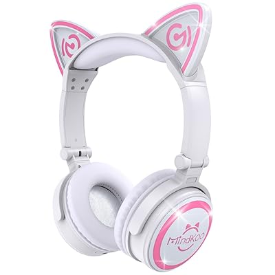 MindKoo Bluetooth Headphones, Over-Ear Wireless Headphones, Cat Ear Headphones with LED Light, Foldable, Built-in Microphone and Volume Control for PC/Cell Phones/Kids/Teen/Boys/Girls/Adults, White