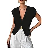Milumia Women's Sleeveless V Neck Sweater Vest Metal Button Slit Hem Going Out Knit Tank Tops