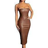 CORIRESHA Women's Sexy Strapless Faux Leather Bodycon Tube Top Midi Dress for Club Party