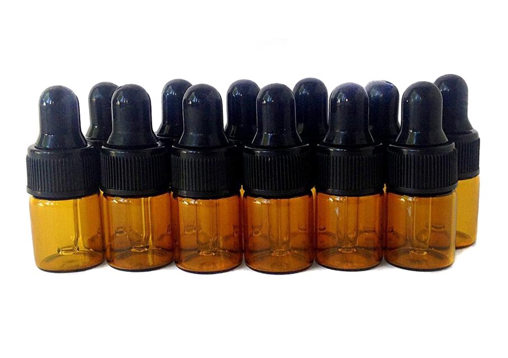 erioctry 2ML Amber Glass Essential Oil Bottles and Eyed Dropper Black Caps Makeup Cosmetic Sample Container Bottle for Essential Oil Aromatherapy Use(Pack of 12) (2ML)