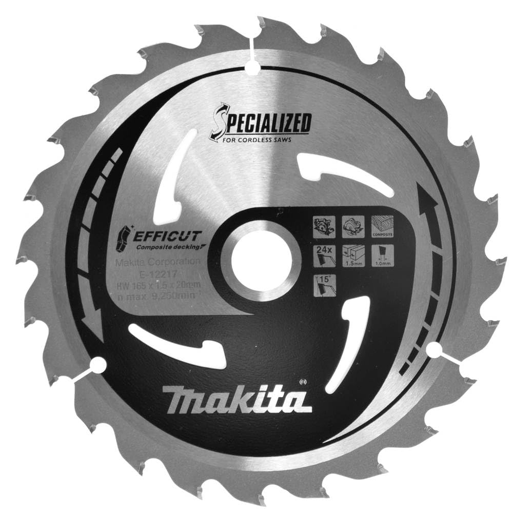 Makita E-12217 EFFICUT Composite Decking Circular Saw Blade Diameter 165 x 1.5 x 20 mm 24 Teeth 15° Tooth Angle for Natural Fibre-Reinforced Plastic e.g. WPC for Cordless Hand Circular Saws