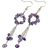 SUNYIK Natural Crystal Chips Stones Dangle Earrings for Women Healing Tumbles Stones with Tassel Drop Earrings For Ladies
