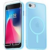 for iPhone SE Case 2022(3rd)/2020(2nd), iPhone 8/7 Case, with 1 Screen Protector, Matte Magnetic Slim Phone Cover, Support for Magsafe, Shockproof Protection Translucent Frosted Back,Light Blue