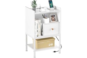 Gannyfer Nightstand with Charging Station,Night Stand with USB Ports and Storage Drawer,Modern 3-Tier End Side Table,Small Wood Bedside Table for Bedroom,Living Room,White
