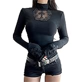 Instobig Women's Goth Emo Mock Neck T Shirt - Long Sleeve Sheer Mesh Fitted Gothic Top Tee for Going Out Dance
