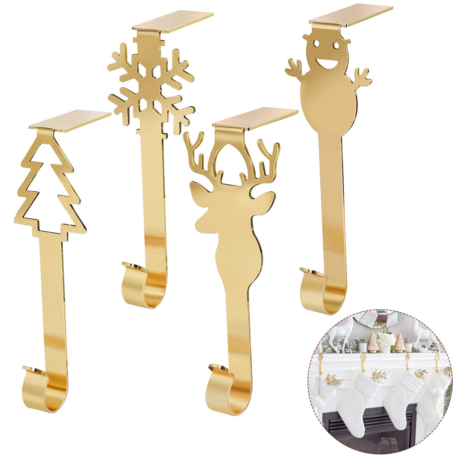 Kungfu Mall Christmas Stocking Holders Gold, Christmas Stocking Holder Hooks for Fireplace Mantel, Mantel Hooks Hanger Christmas Stocking Clips for Hanging Christmas Party Decor