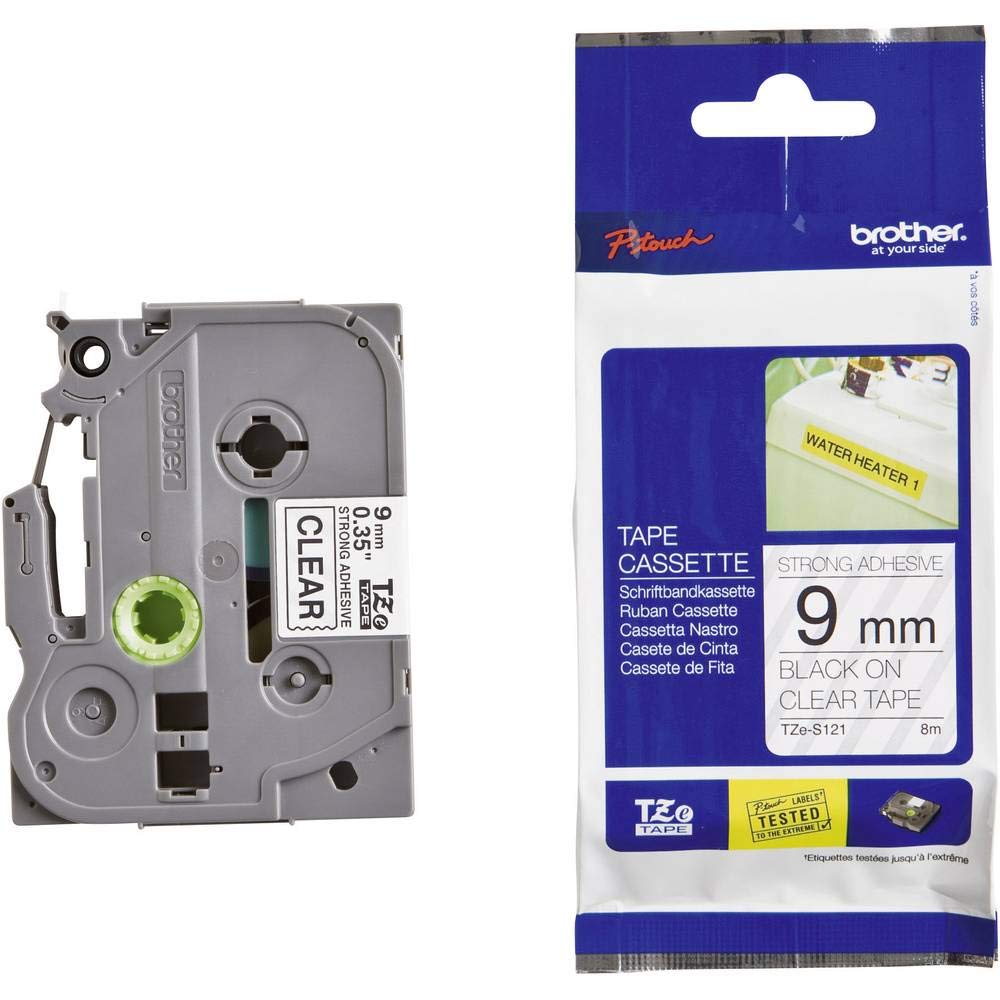 Brother TZe-S121 Labelling Tape Cassette, Black on Clear, 9mm (W) x 8M (L), Strong Adhesive, Brother Genuine Supplies