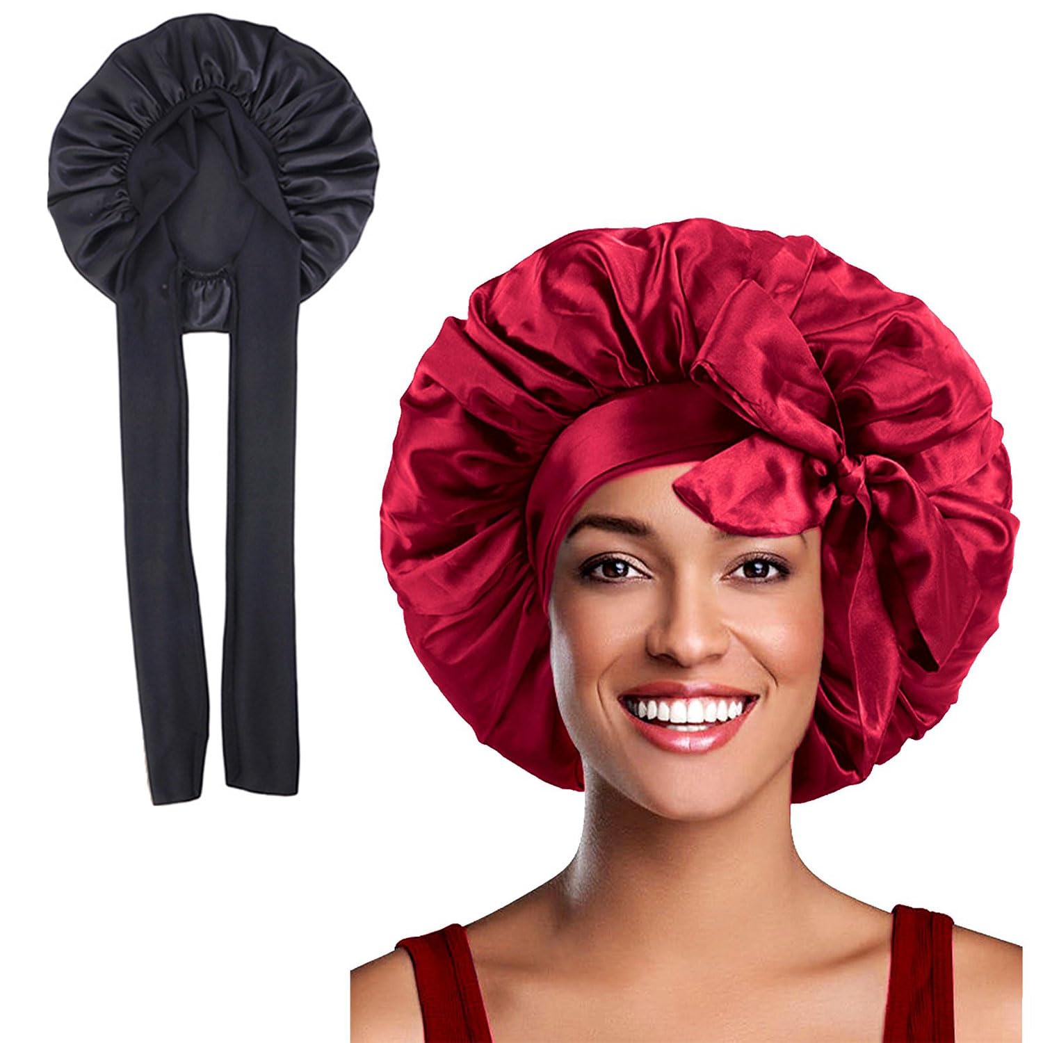 AWAVM 2 Pieces Silk Stain Sleeping Caps, Hair Wrap Bonnet for Sleeping, Hair Bonnet for Bath, Tie Band Shower Cap for Long Hair